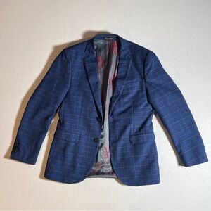 Paite 100% Wool Blue Plaid Blazer w/ Green + Red Satin Lining, Sz 48 Fits Medium